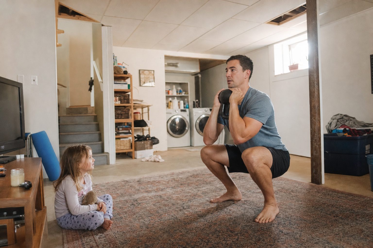 A dad doing a goblet squat in his basement while his young daughter sits on the rug watching